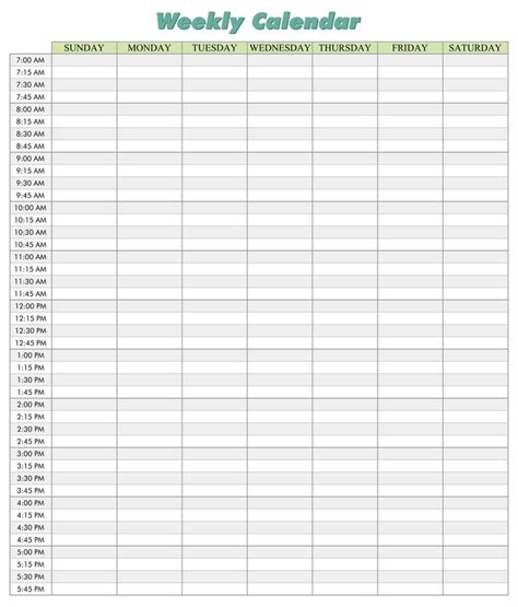 printable weekly calendar   minute time slots