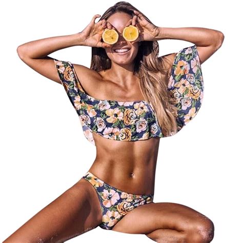 floral off shoulder bikini women 2019 ruffle lotus leaf swimwear summer