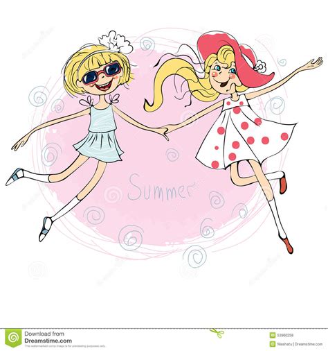 Two Pretty Loving Girls Jumping For Joy Stock Vector