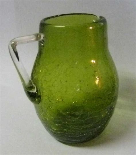 vintage hand blown crackle glass pitcher dark lime green applied