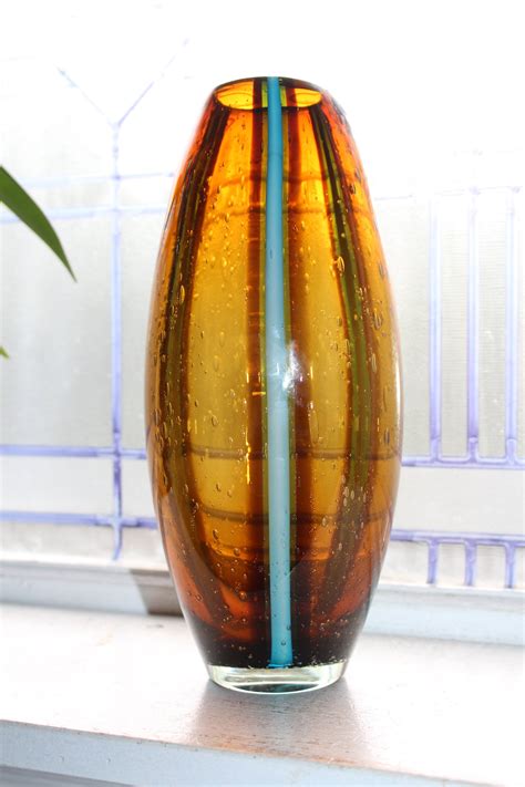 Large Amber Glass Vase Turquoise Stripes Vintage Art Glass 12 75