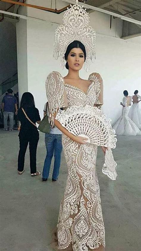 filipiniana gown dress butterfly sleeves fan crown horn