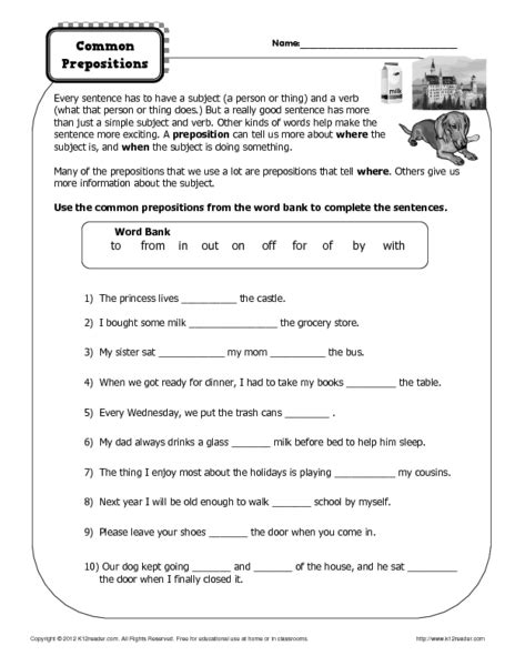 common prepositions worksheet    grade lesson planet