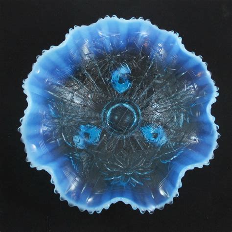 antique northwood blue opal lattice poinsettia opalescent glass