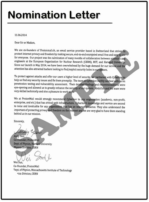 template  nomination letter