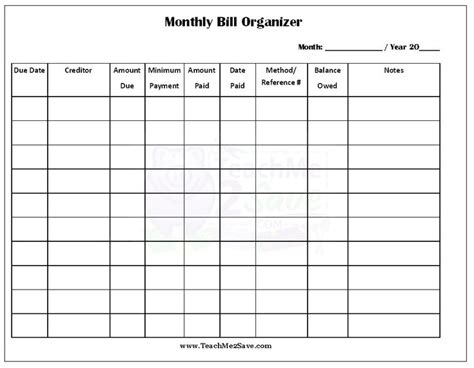printable monthly bill organizer httpteachmesavecom