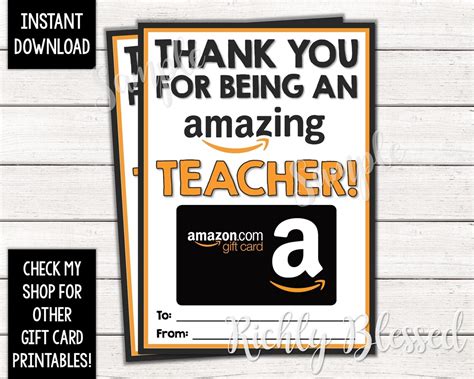 instant  amazon gift card teacher appreciation gift etsy
