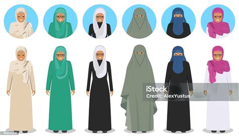 set of different standing arab old women in the traditional muslim