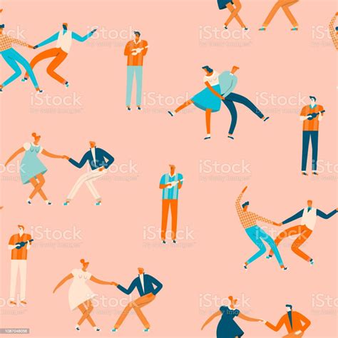 dancing couples in 50s retro style seamless pattern in vector cartoon