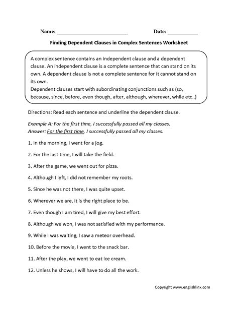 finding dependent clauses complex sentences worksheets complex