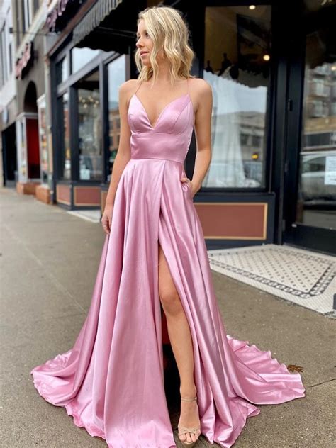 V Neck Pink Backless Spaghetti Straps Satin Long Prom Dresses With Hig