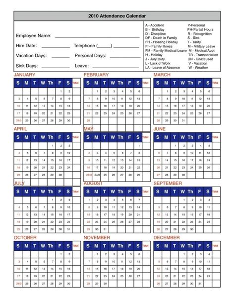 printable attendance calendar  calendar template printable