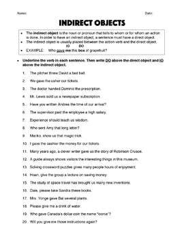 direct indirect objects  learning parts   sentence worksheets
