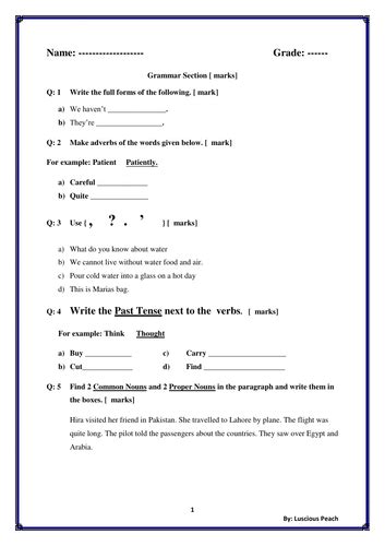ks english test paper exam grade    level  grammar