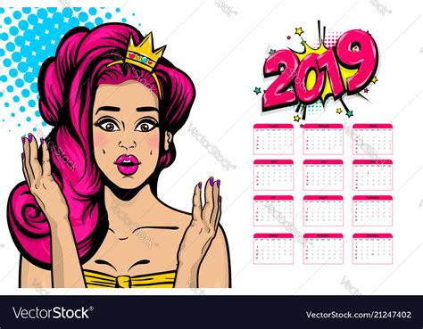 2019 calendar sexy woman pop art royalty free vector image