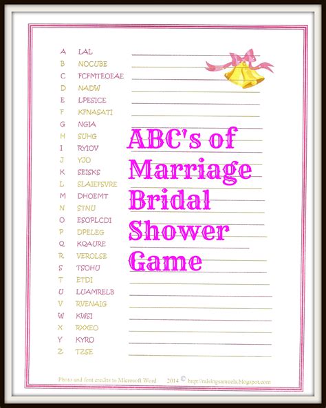 freebie  abcs  marriage bridal shower game memorable wedding fun