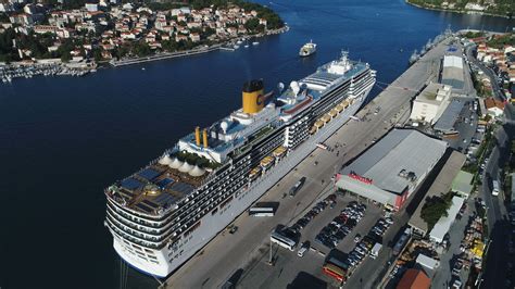 drone shot  cruise ship  dubrovnik harbor tourism travel croatia europe stock footageship