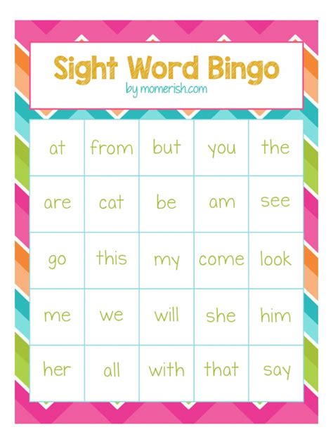 sight word bingo cardspdf