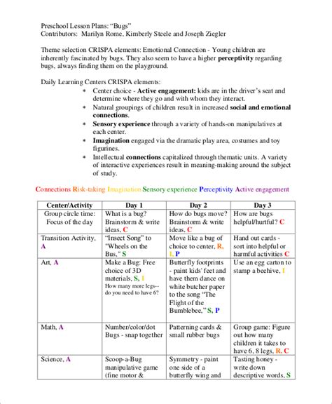 sample preschool lesson plan templates  ms word