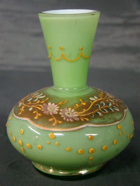 Moser Art Glass Miniature Enameled Floral Green Gold Vase