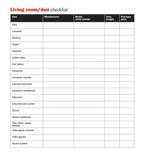 home inventory templates   printable excel word  formats