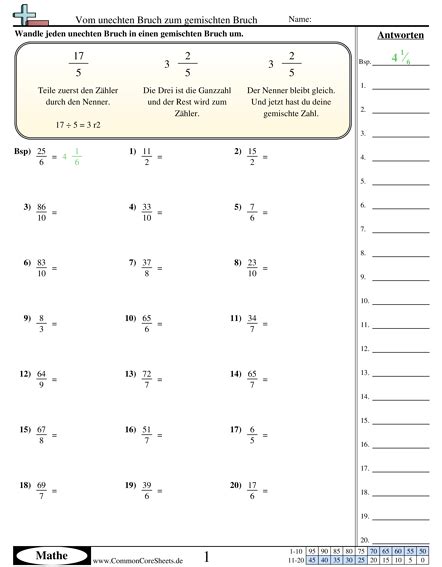 von unechten bruechen zu gemischten zahlen worksheet