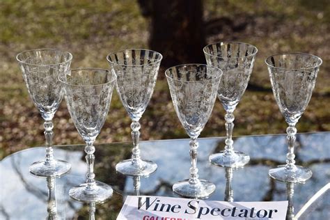 Vintage Needle Etched Crystal Wine Glasses Set Of 2 Fostoria Chintz