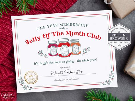 jelly   month club certificate printable