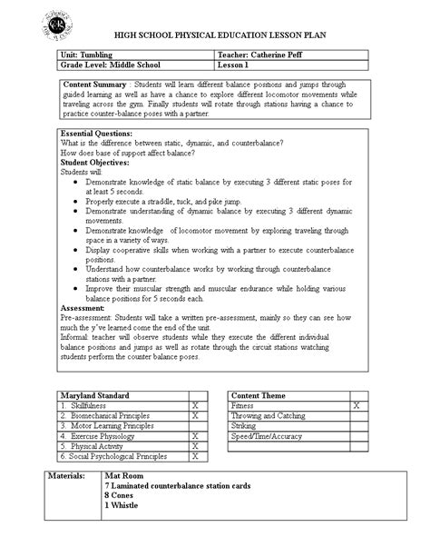 elementary physical education lesson plan templates