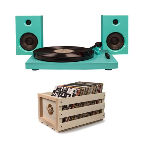 crosley  turquoise record player  piece crate bundle