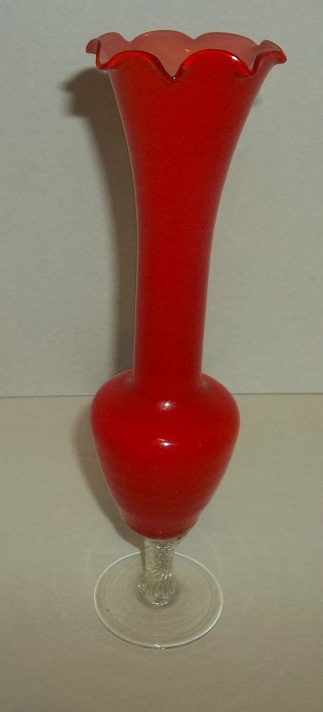 Art Glass Vase Vintage Red Cased Clear Pedestal Murano