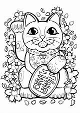 Coloring Neko Maneki Japan Pages Cat Flowers Color Cute Lucky Tattoo Beckoning Leaves Japanese Adults Literally Elements Him Around Justcolor sketch template