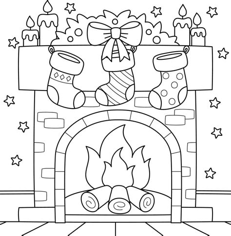 christmas fireplace  stocking coloring page  vector art