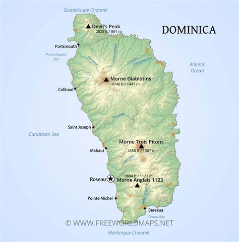 Large Physical Map Of Dominica With Roads Cities And