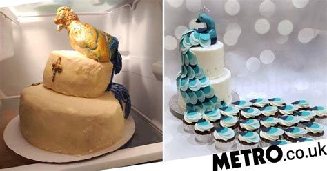 bride heartbroken when peacock wedding cake ends up lop sided turkey