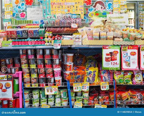 colourful food items  display  small conveience store editorial