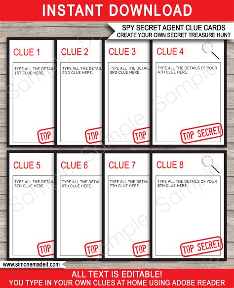 spy treasure hunt clue cards template spy secret agent birthday party
