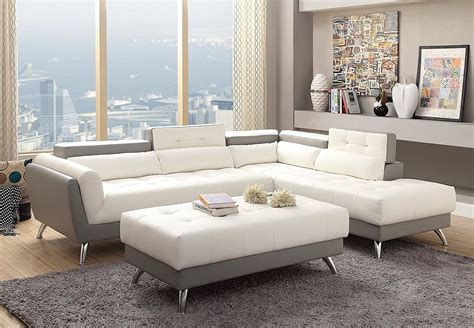 modern white  light grey bonded leather sectional sofa set  extra large ottoman
