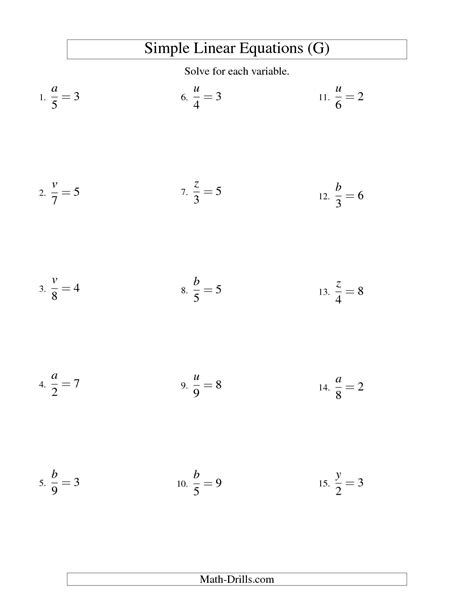 algebra  equations worksheets solving simple linear equations