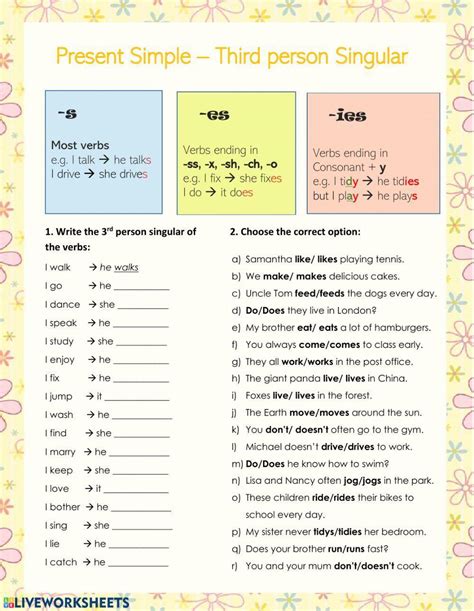 present simple  person singular worksheet  worksheets