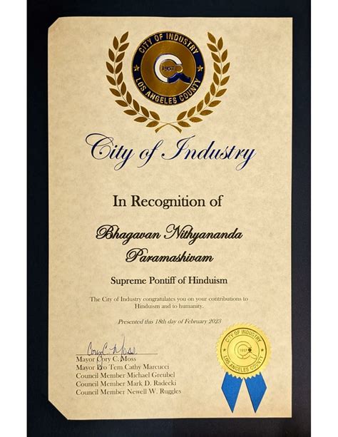 file proclamation from hon cory c moss mayor of city of industry