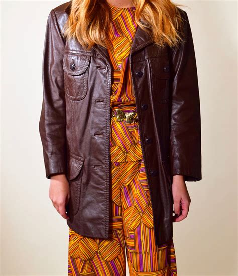 1970s Dark Brown Leather Button Down Trench Coat With