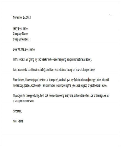 retail resignation letter template sample  format