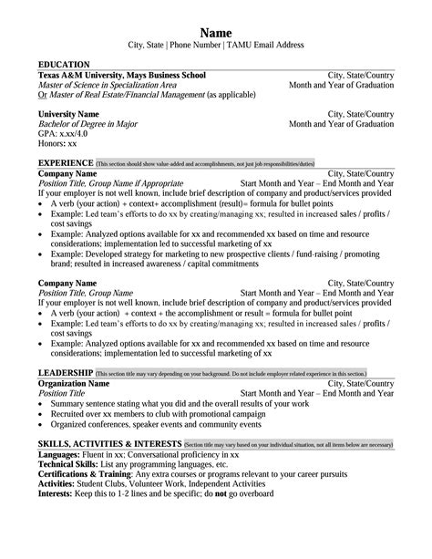 mays masters resume format career management center mays business