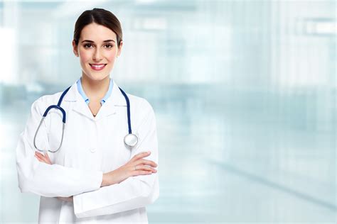 medical physician doctor woman  blue clinic background reliable