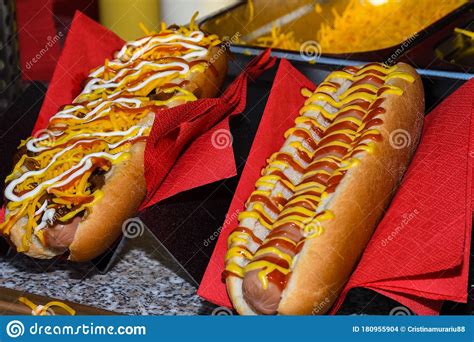 street food concept hot dog  sauces display  red napkin stock photo image  fresh