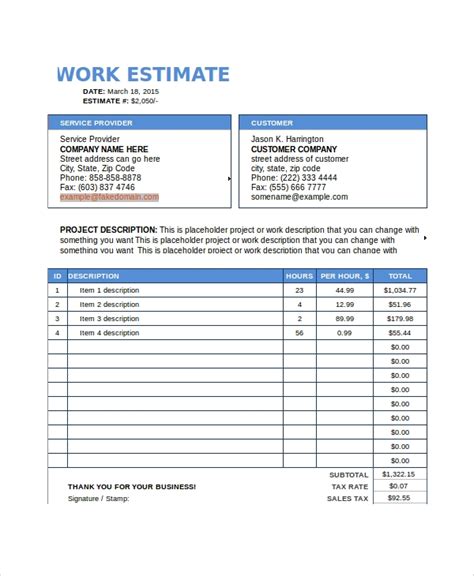 work estimate template word