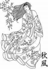 Coloring Pages Geisha Adult Japanese Traditional Adults Japan Woman Printable Japonese Dress Color Drawings Da Embroidery Patterns Sheets Book Digi sketch template
