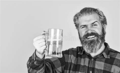Brutal Hipster Drink Beer Mature Bearded Man Hold Beer Glass Mug Of