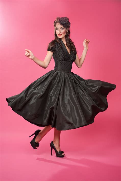 1950s hollywood taffeta black dot swing dress